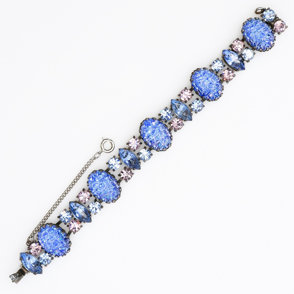Vintage Schiaparelli Blue Lava Glass Blue and Pink Rhinestone Bracelet 1950s